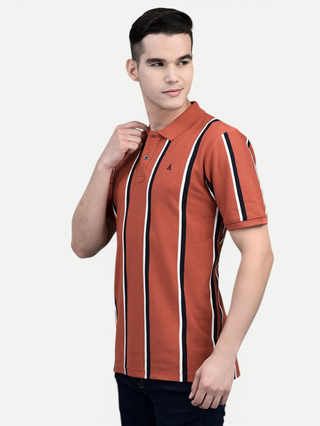 Canoe Men Short Sleeve Polo Neck Striped Pattern T-Shirt