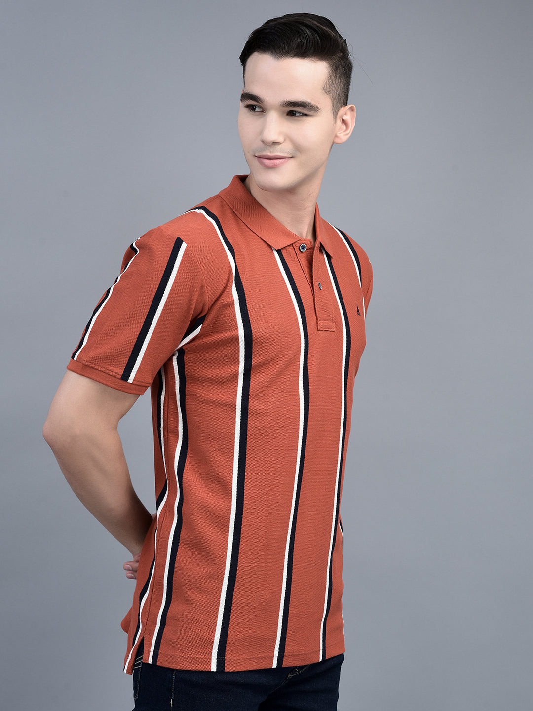 Canoe Men Short Sleeve Polo Neck Striped Pattern T-Shirt