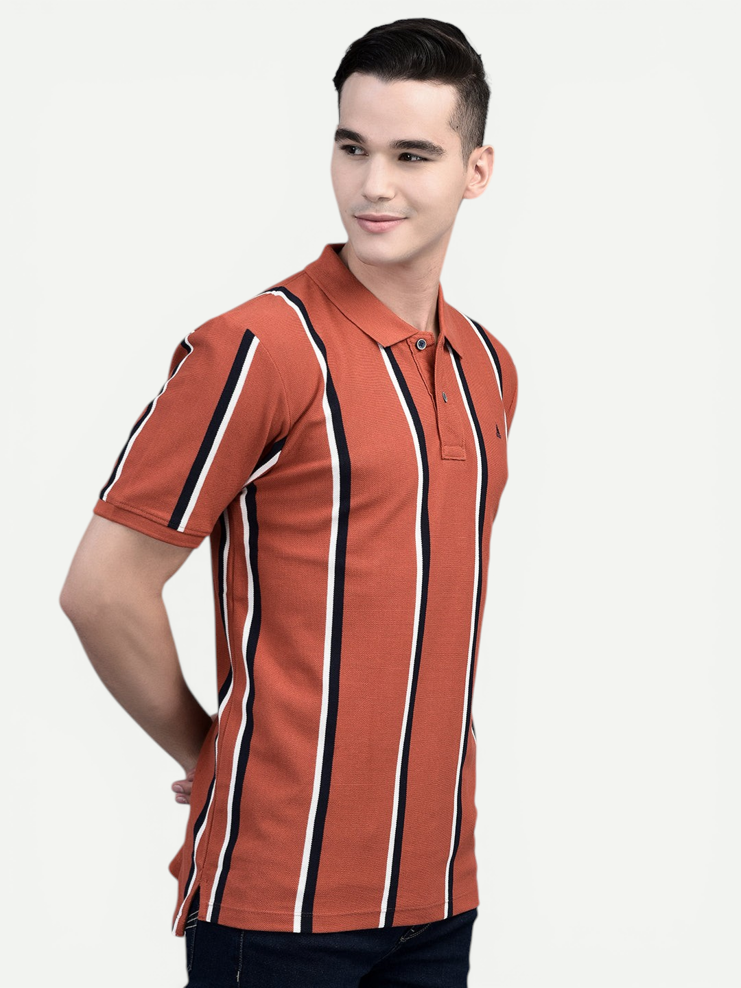 Canoe Men Short Sleeve Polo Neck Striped Pattern T-Shirt