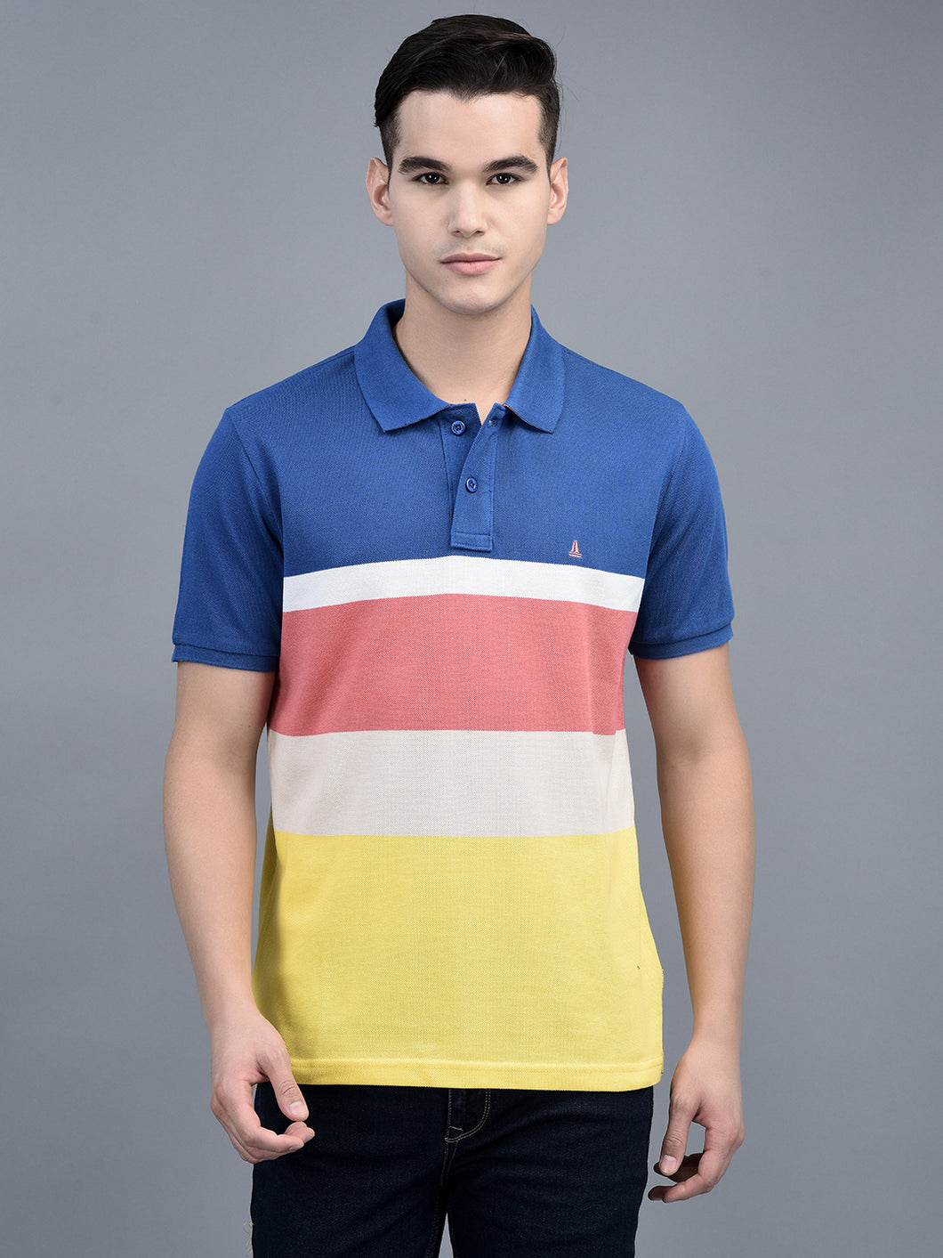 Canoe Men Short Sleeve Polo Neck Striped Pattern T-Shirt