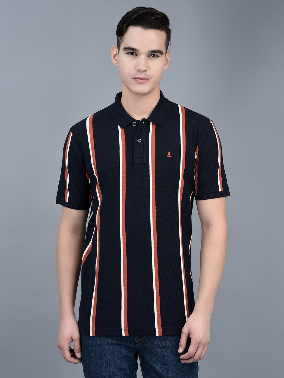 Canoe Men Short Sleeve Polo Neck Striped Pattern T-Shirt