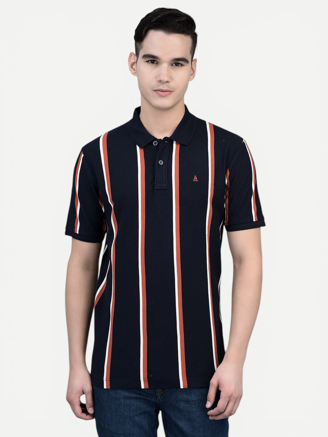 Canoe Men Short Sleeve Polo Neck Striped Pattern T-Shirt