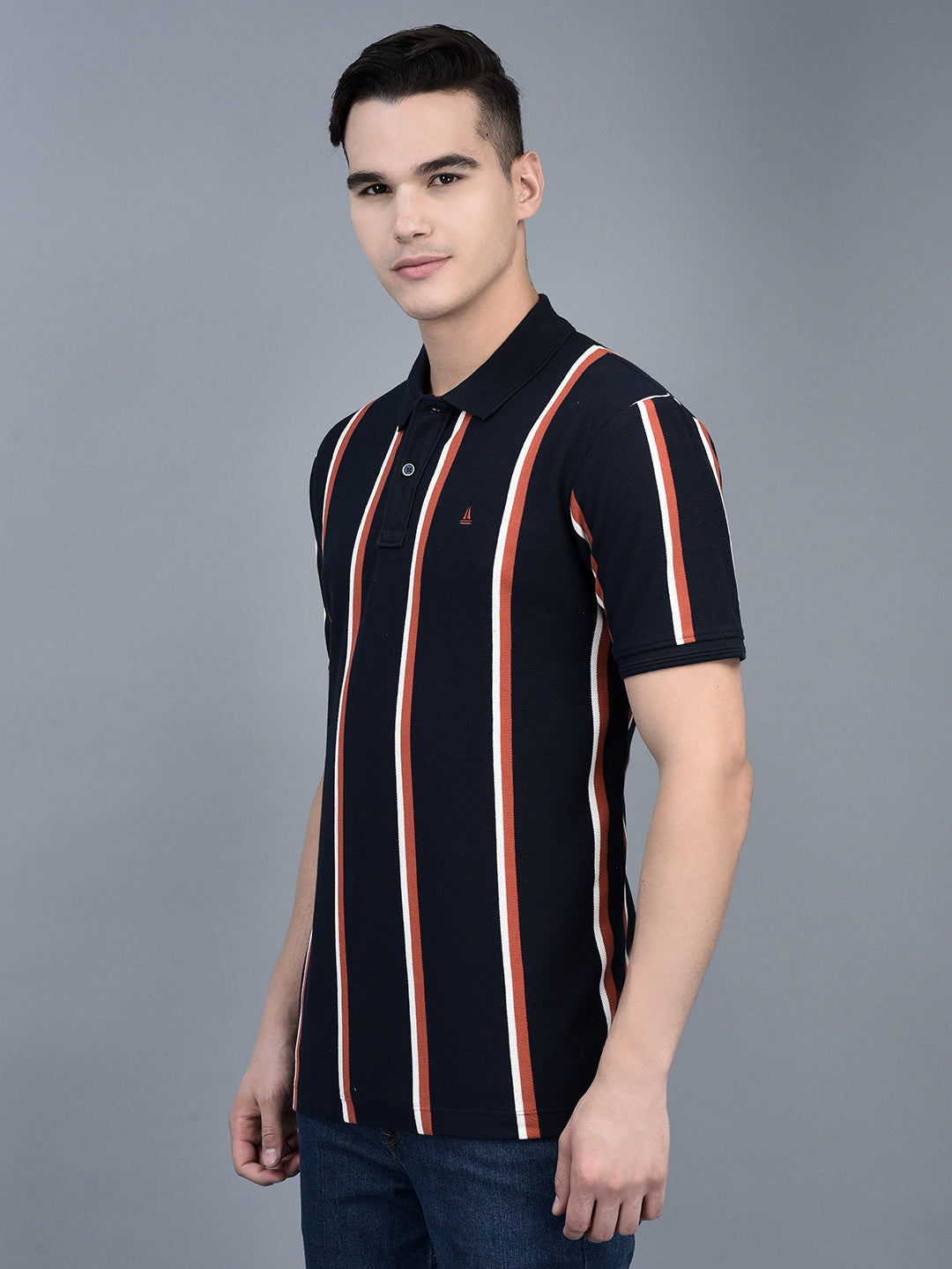 Canoe Men Short Sleeve Polo Neck Striped Pattern T-Shirt