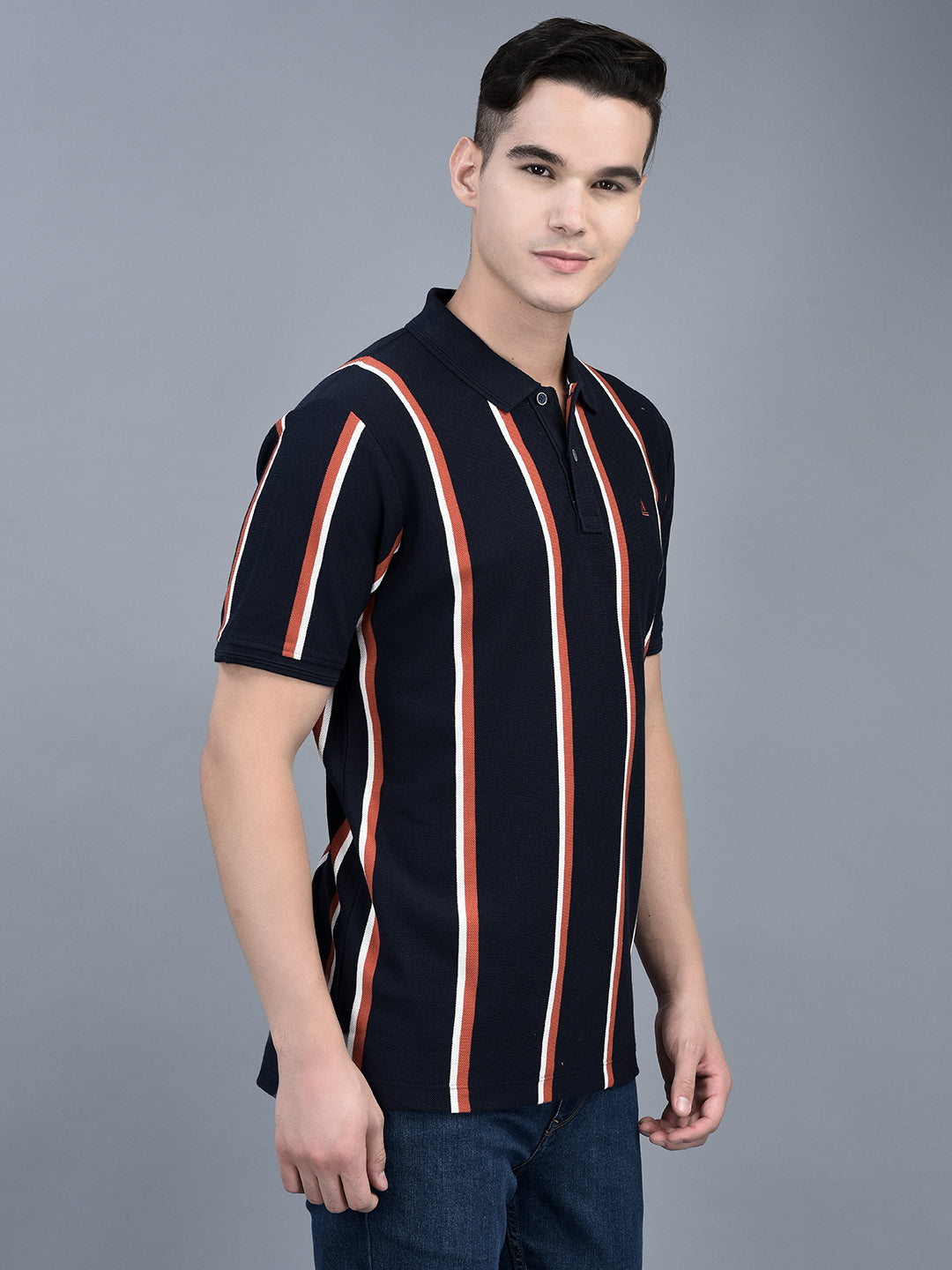 Canoe Men Short Sleeve Polo Neck Striped Pattern T-Shirt