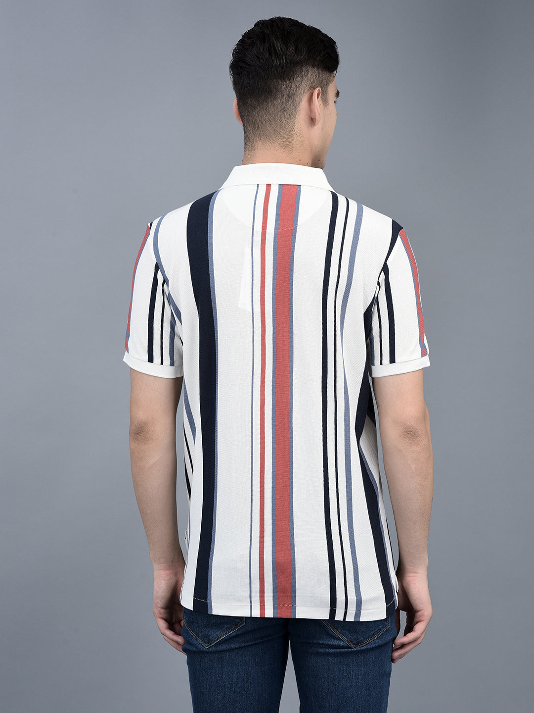 Canoe Men Short Sleeve Polo Neck Striped Pattern T-Shirt