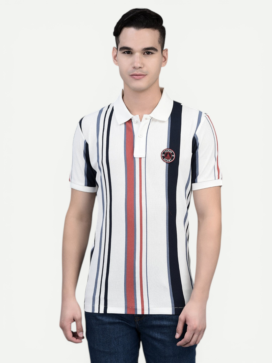 Canoe Men Short Sleeve Polo Neck Striped Pattern T-Shirt