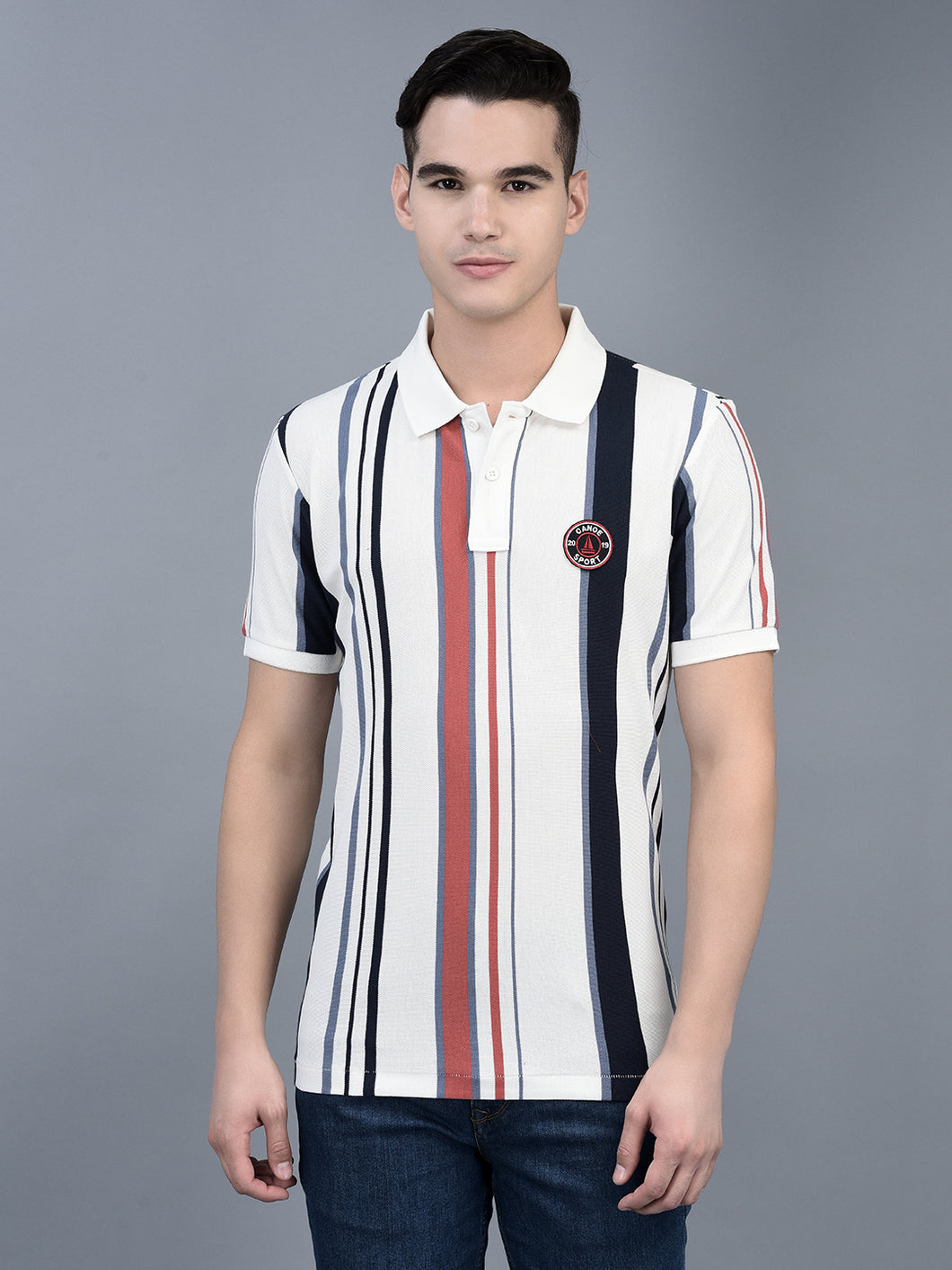 Canoe Men Short Sleeve Polo Neck Striped Pattern T-Shirt