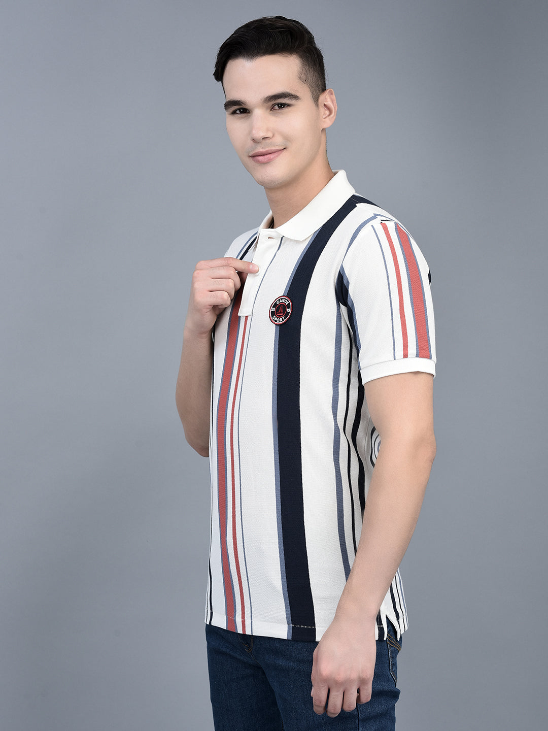 Canoe Men Short Sleeve Polo Neck Striped Pattern T-Shirt