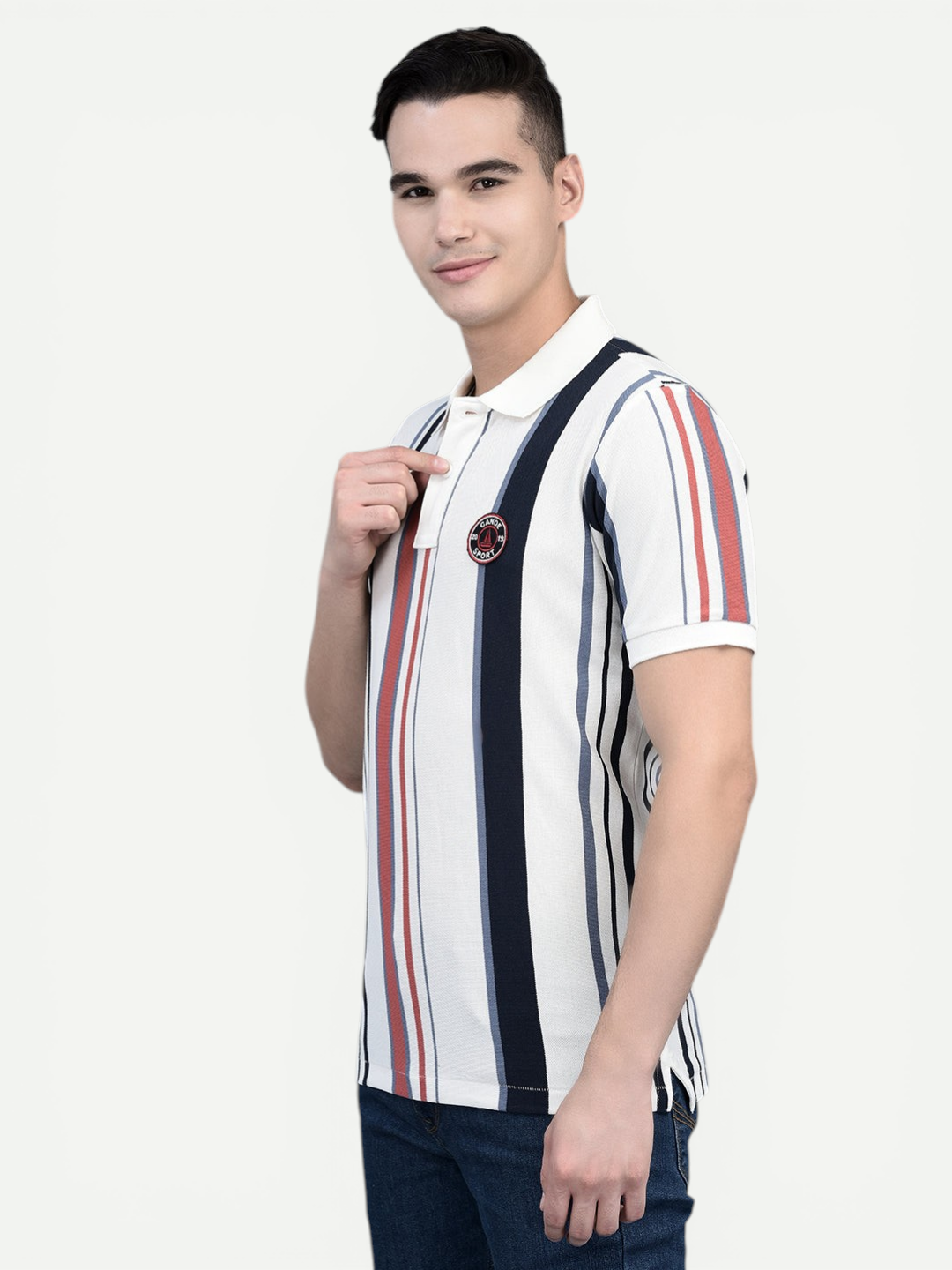 Canoe Men Short Sleeve Polo Neck Striped Pattern T-Shirt