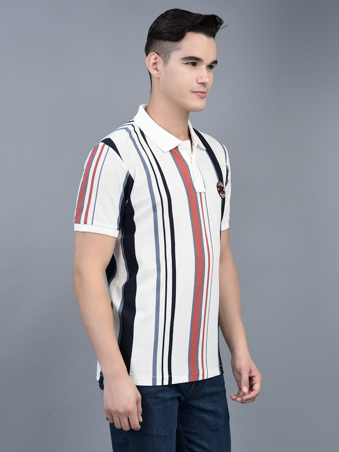 Canoe Men Short Sleeve Polo Neck Striped Pattern T-Shirt