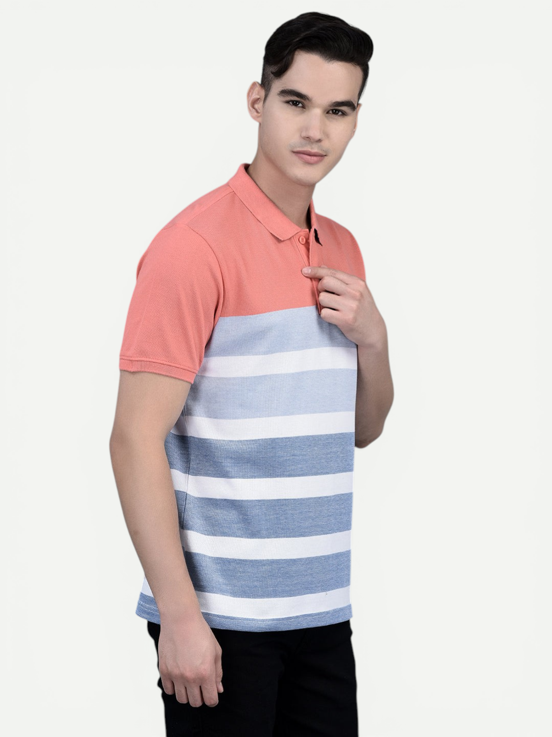 Canoe Men Short Sleeve Polo Neck Striped Pattern T-Shirt
