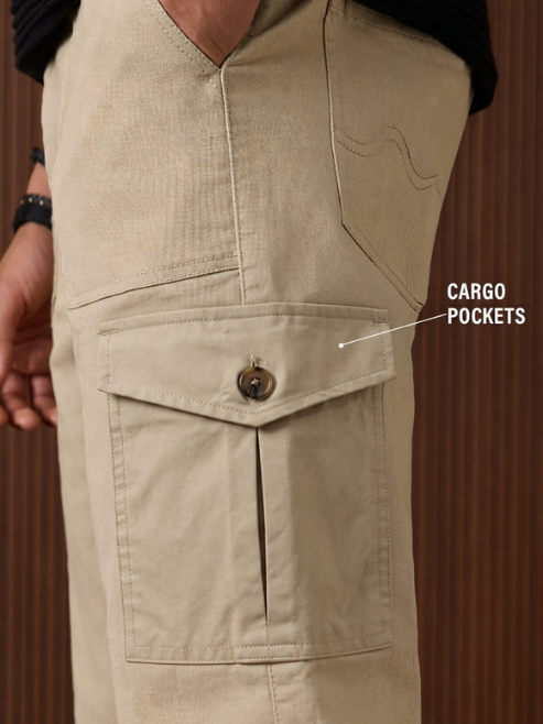 Premium Beige Stretchable Cargo Pants for Men | Moisture Wicking Utility Trousers