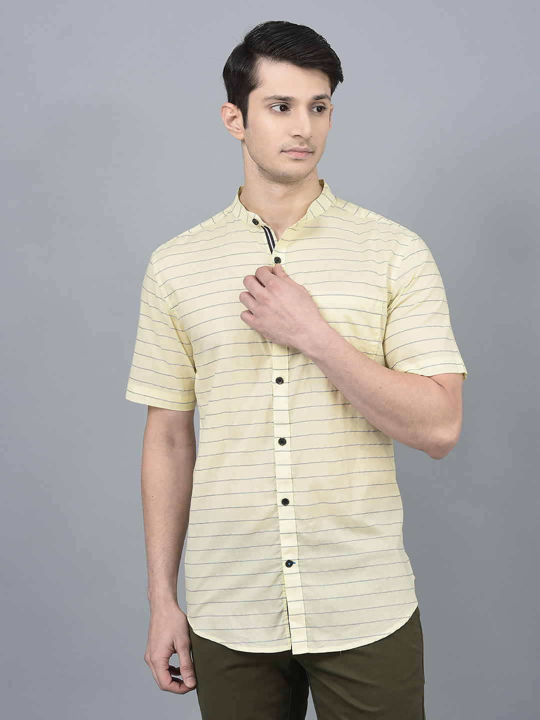 Canoe Men Casual Shirt Cream Color Cotton Fabric Button Closure Striped