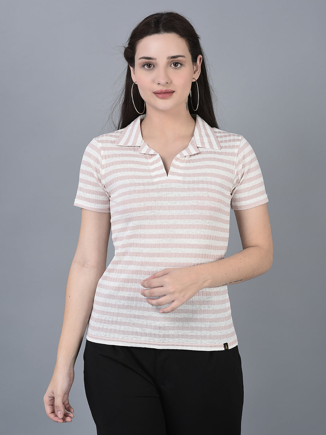 Canoe Women Stripe Pattern Short Sleeve T-Shirt