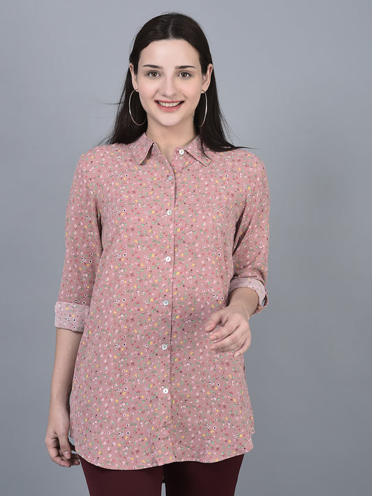 Canoe Women Floral Print Roll-Up Sleeve Full Button Placket Top