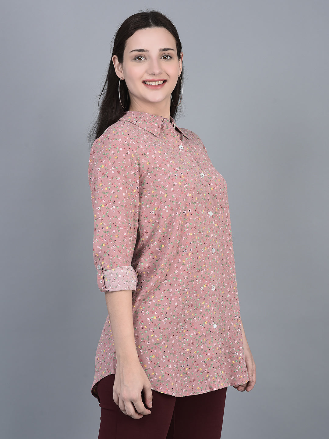 Canoe Women Floral Print Roll-Up Sleeve Full Button Placket Top