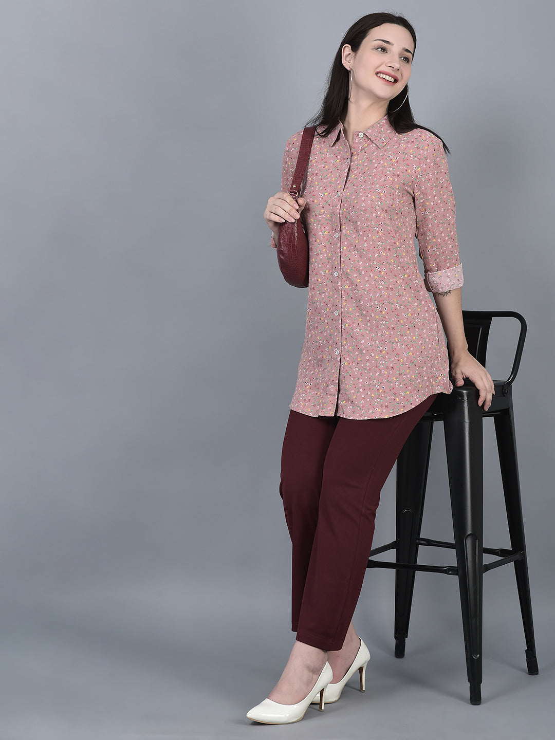 Canoe Women Floral Print Roll-Up Sleeve Full Button Placket Top