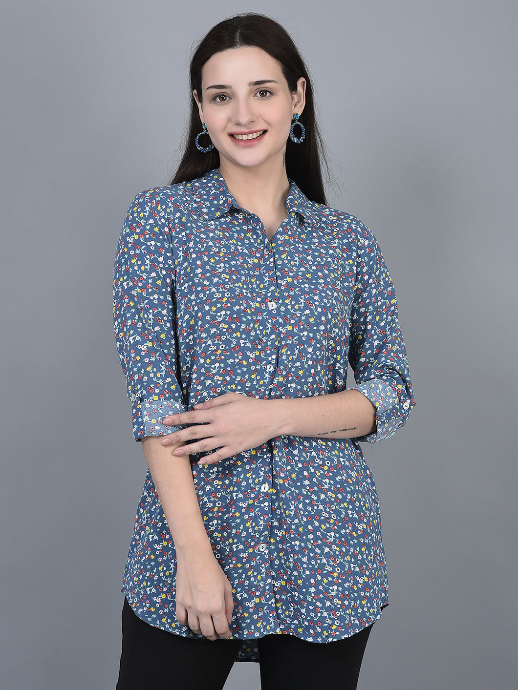 Canoe Women Floral Print Roll-Up Sleeve Full Button Placket Top