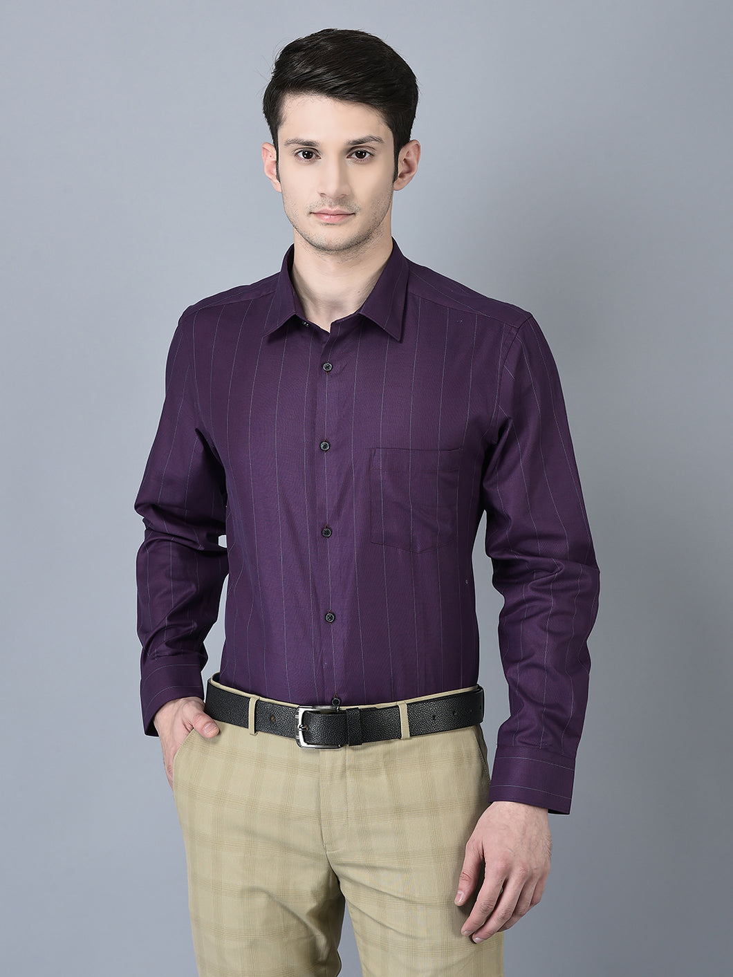 CANOE MEN Formal Shirt Charcoal Color Cotton Fabric Button Closure Striped