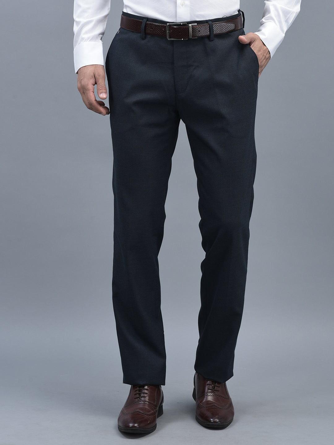 Canoe Men Regular Length Self Design Pattern Button Closure Formal Trouser