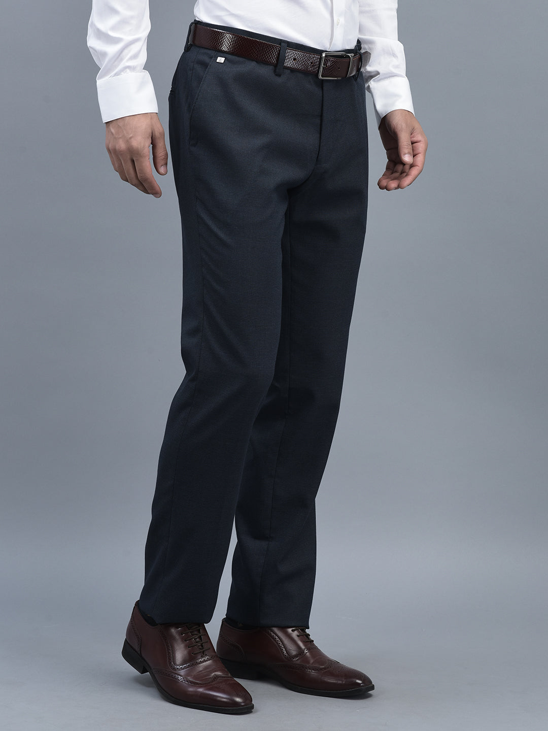 Canoe Men Regular Length Self Design Pattern Button Closure Formal Trouser