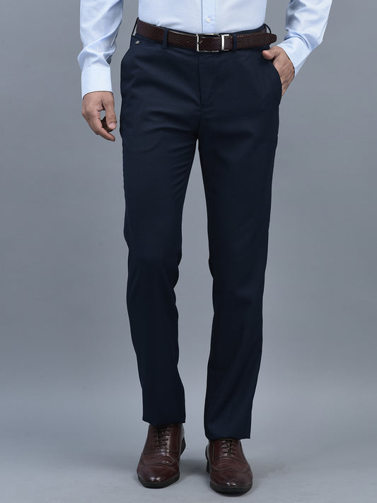 Canoe Men Regular Length Self Design Pattern Button Closure Formal Trouser