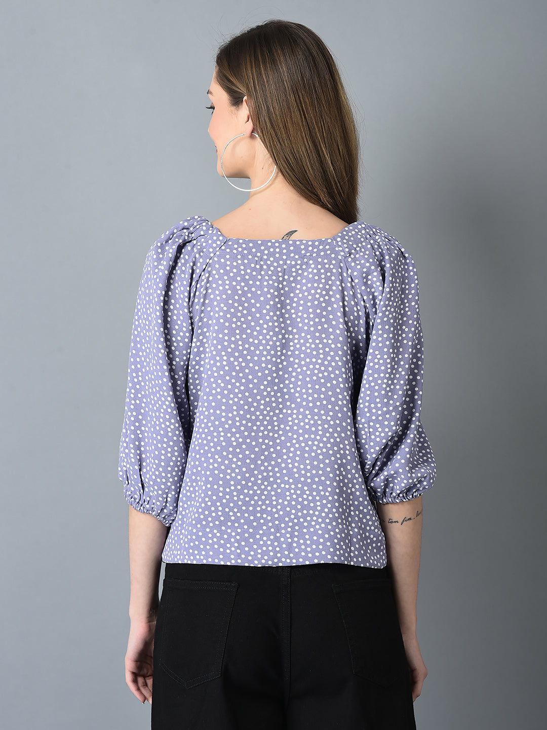 Canoe Women Elasticated Neck & Polk Dot Print Top