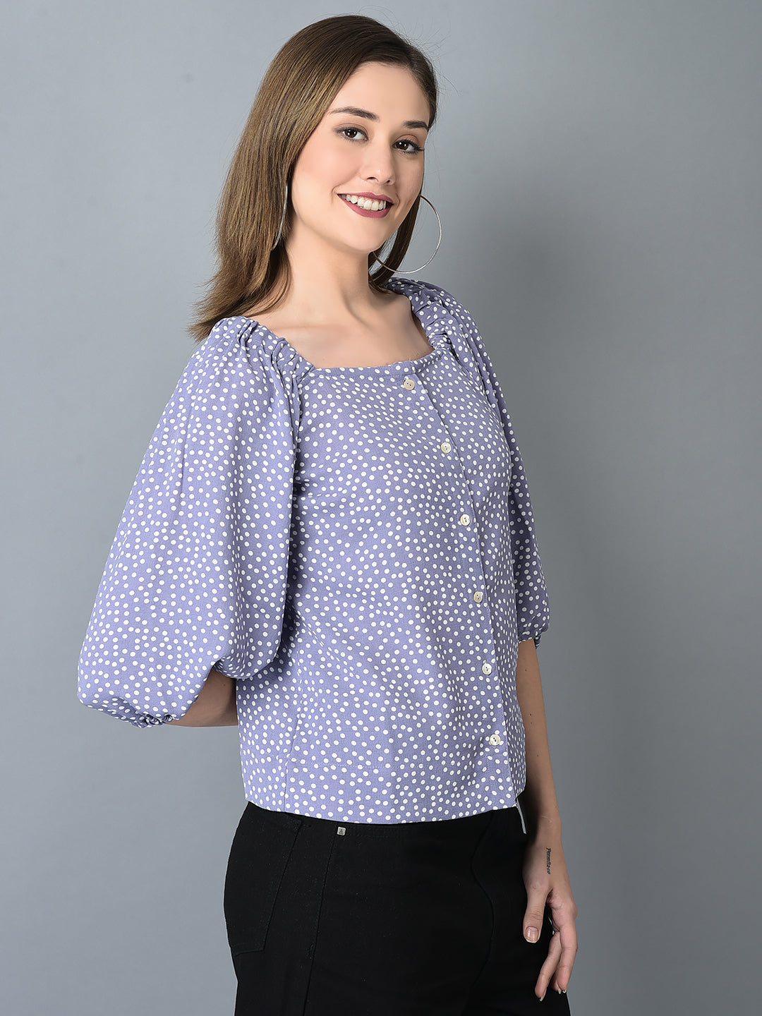 Canoe Women Elasticated Neck & Polk Dot Print Top