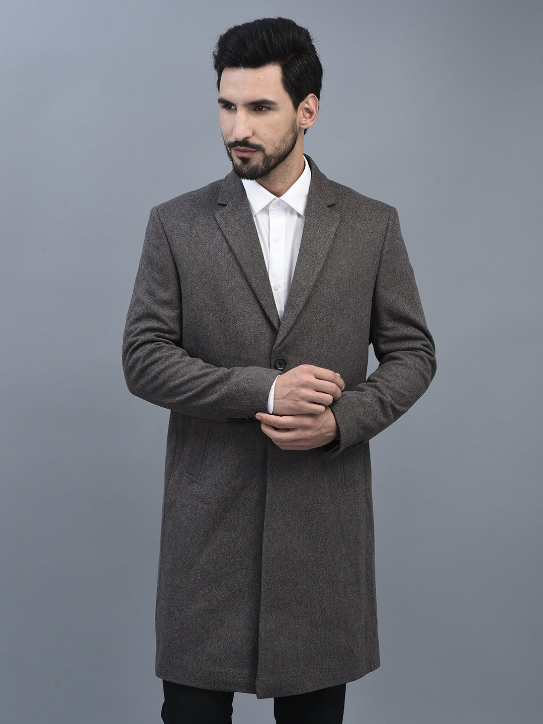 Cane Men Notched Collar Long Sleeve Longline Length Solid Pattern Trench Coat