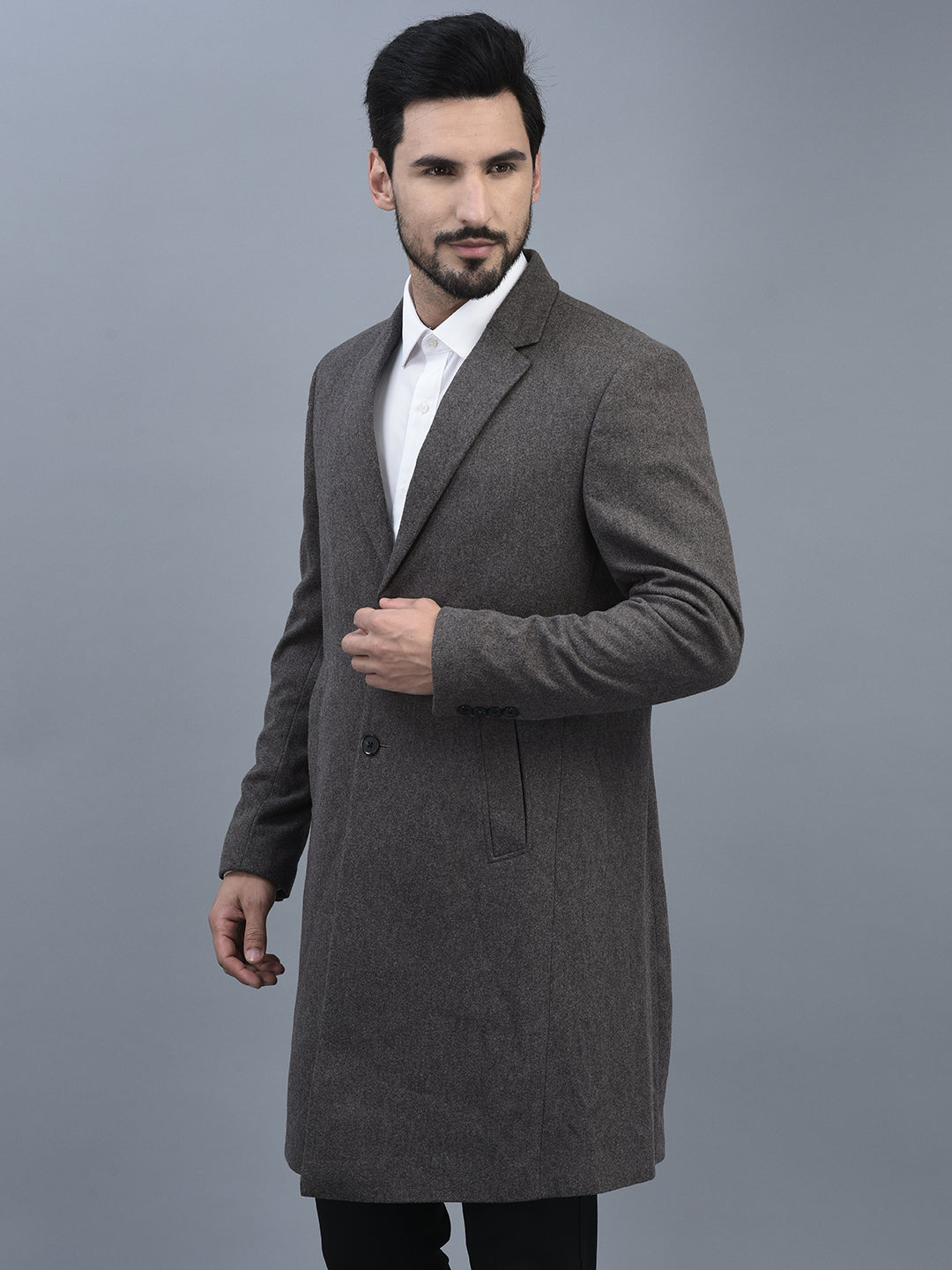 Cane Men Notched Collar Long Sleeve Longline Length Solid Pattern Trench Coat