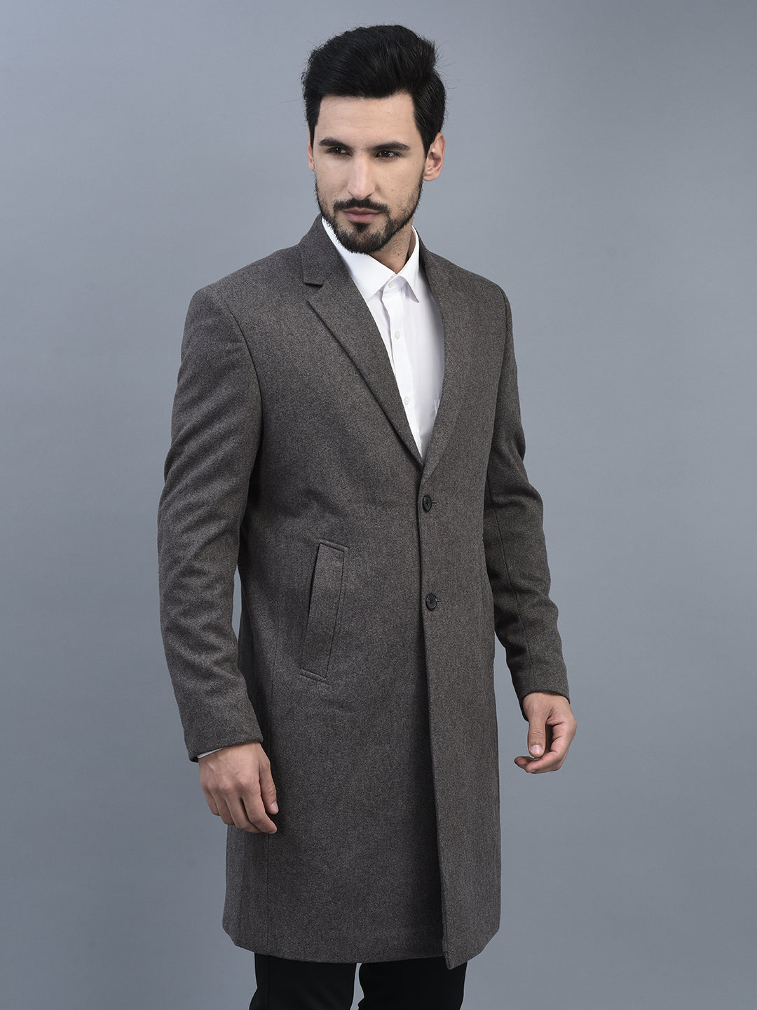 Cane Men Notched Collar Long Sleeve Longline Length Solid Pattern Trench Coat