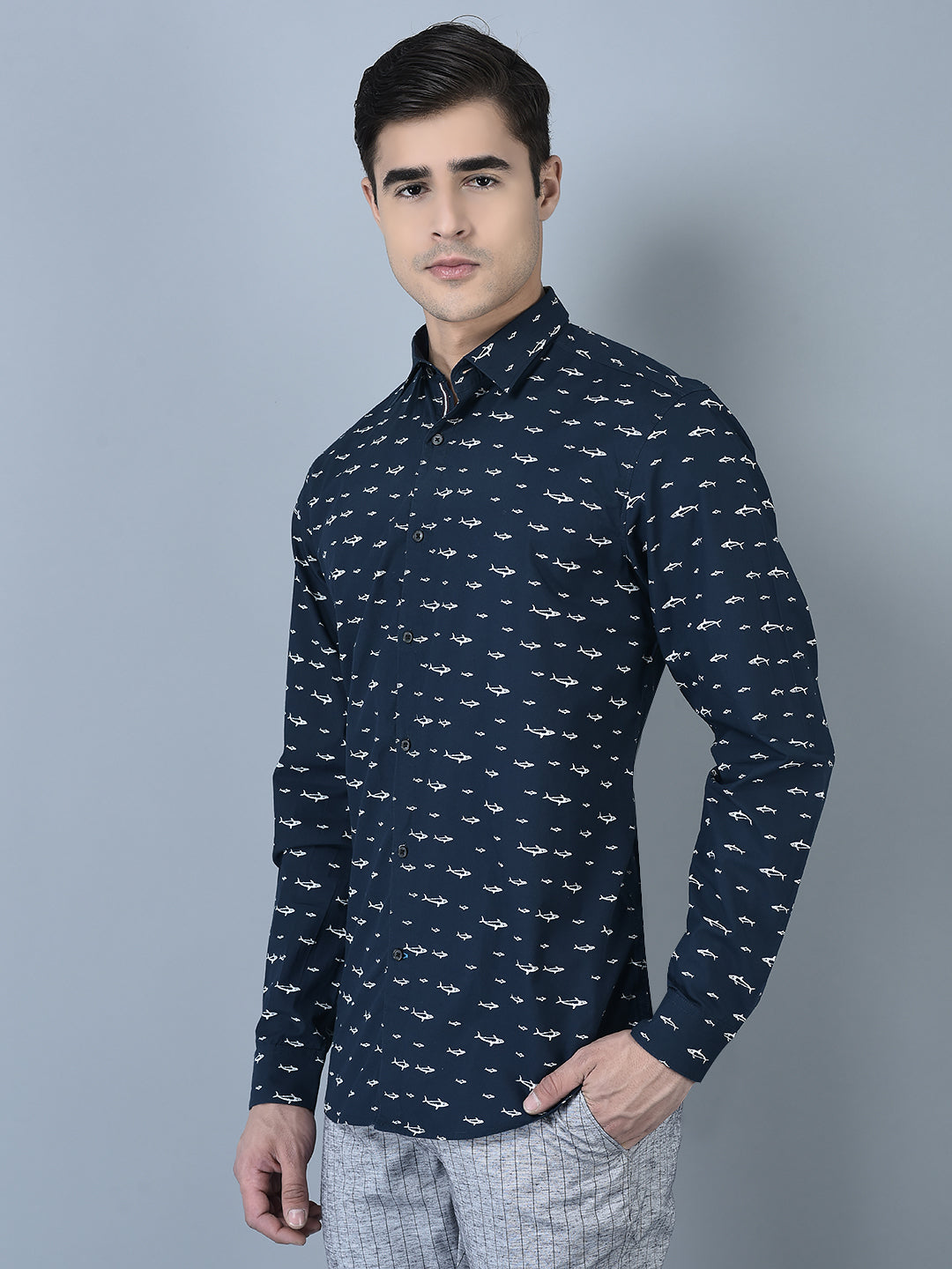 Canoe Men Casual Shirt Grey Color Cotton Fabric Button Closure Printed