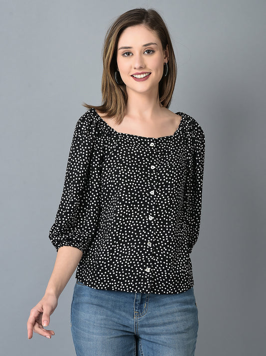 Canoe Women Elasticated Neck & Polk Dot Print Top