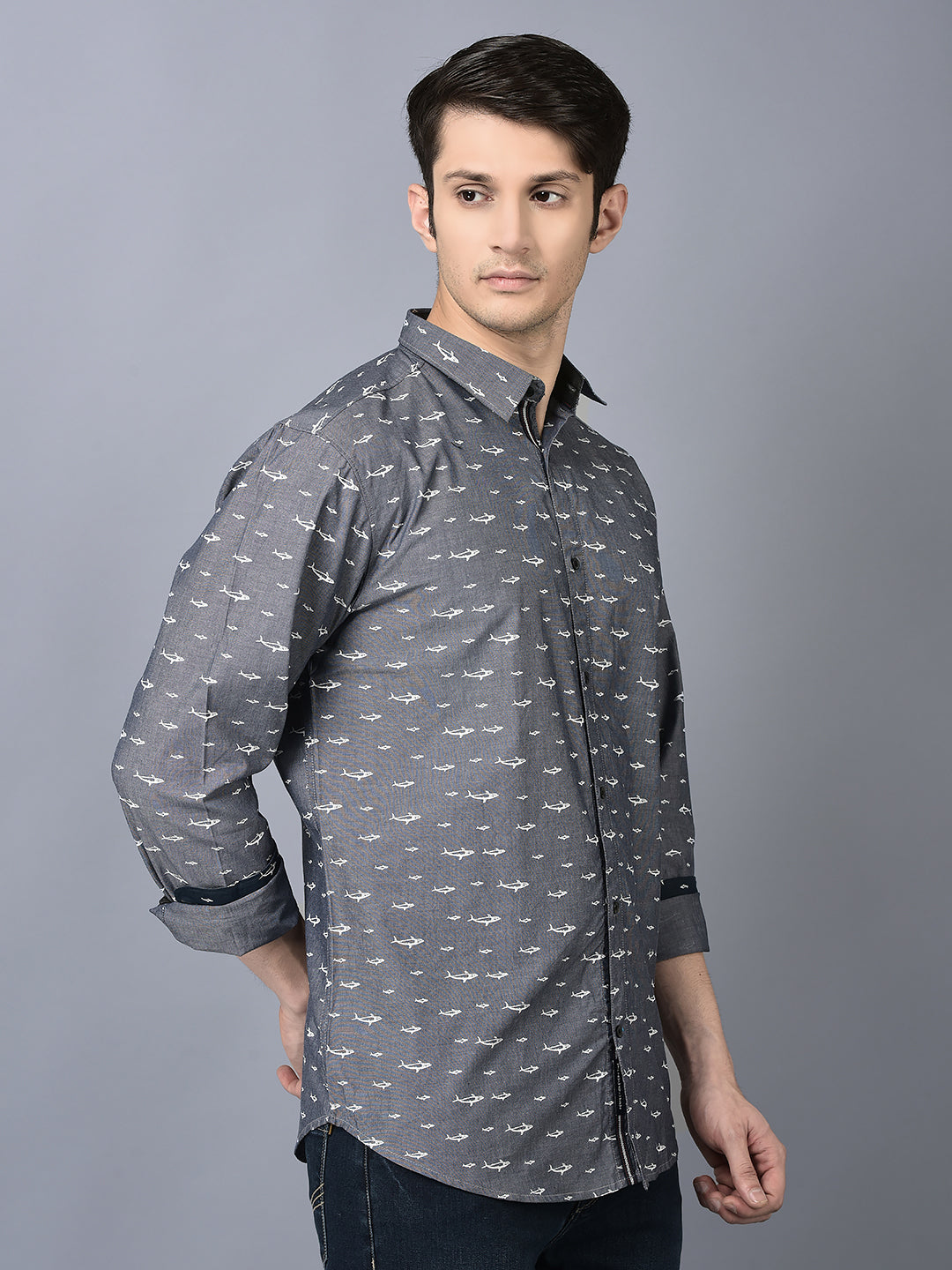 Canoe Men Casual Shirt Grey Color Cotton Fabric Button Closure Printed