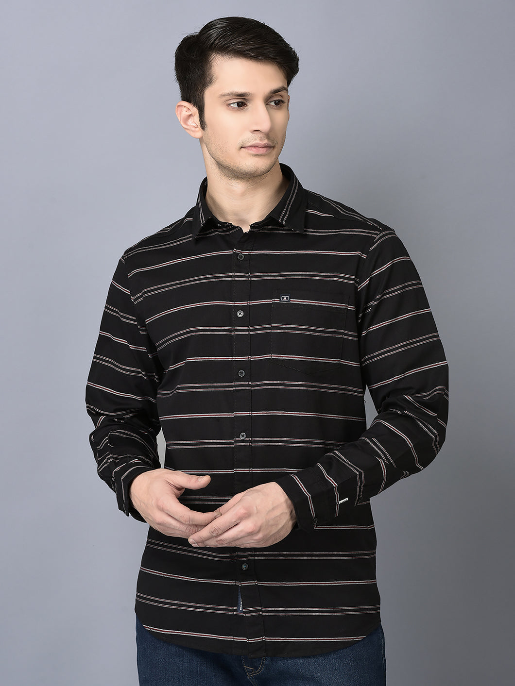 CANOE MEN Casual Shirt Black Color Cotton Fabric Button Closure Striped