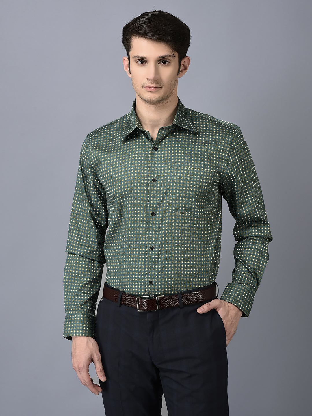 CANOE MEN Formal Shirt Green Color Cotton Fabric Button Closure Printed