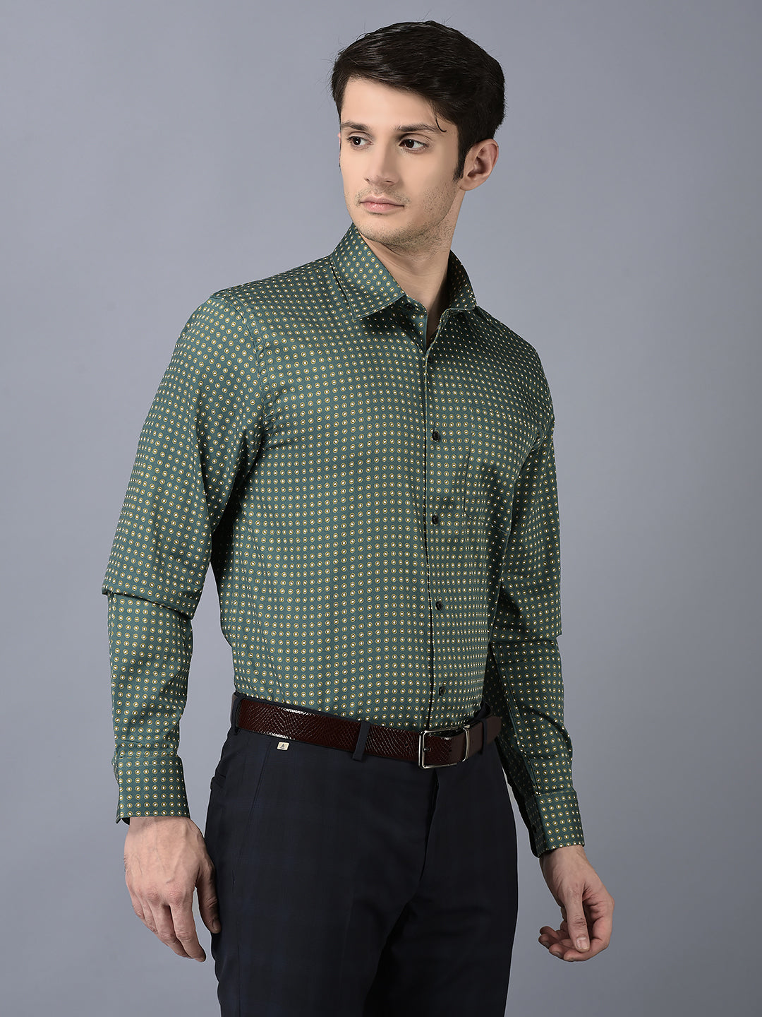 CANOE MEN Formal Shirt Green Color Cotton Fabric Button Closure Printed