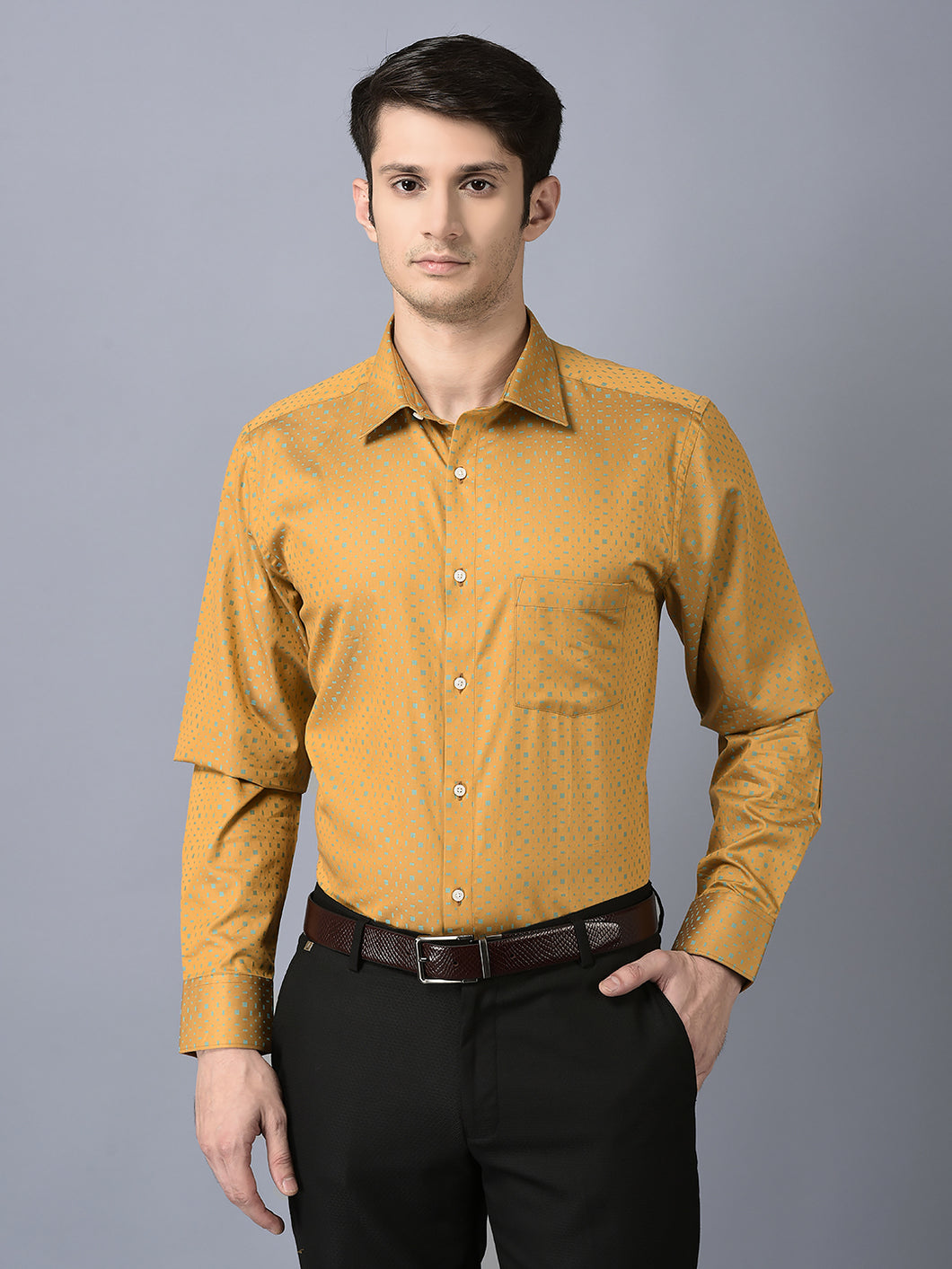 CANOE MEN Formal Shirt Mustard Color Cotton Fabric Button Closure Printed