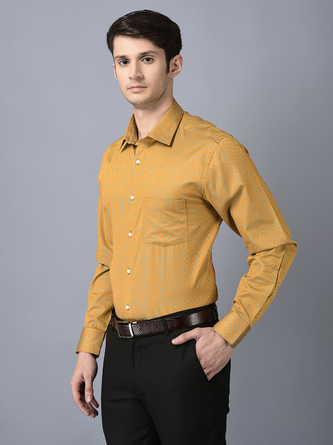 CANOE MEN Formal Shirt Mustard Color Cotton Fabric Button Closure Printed