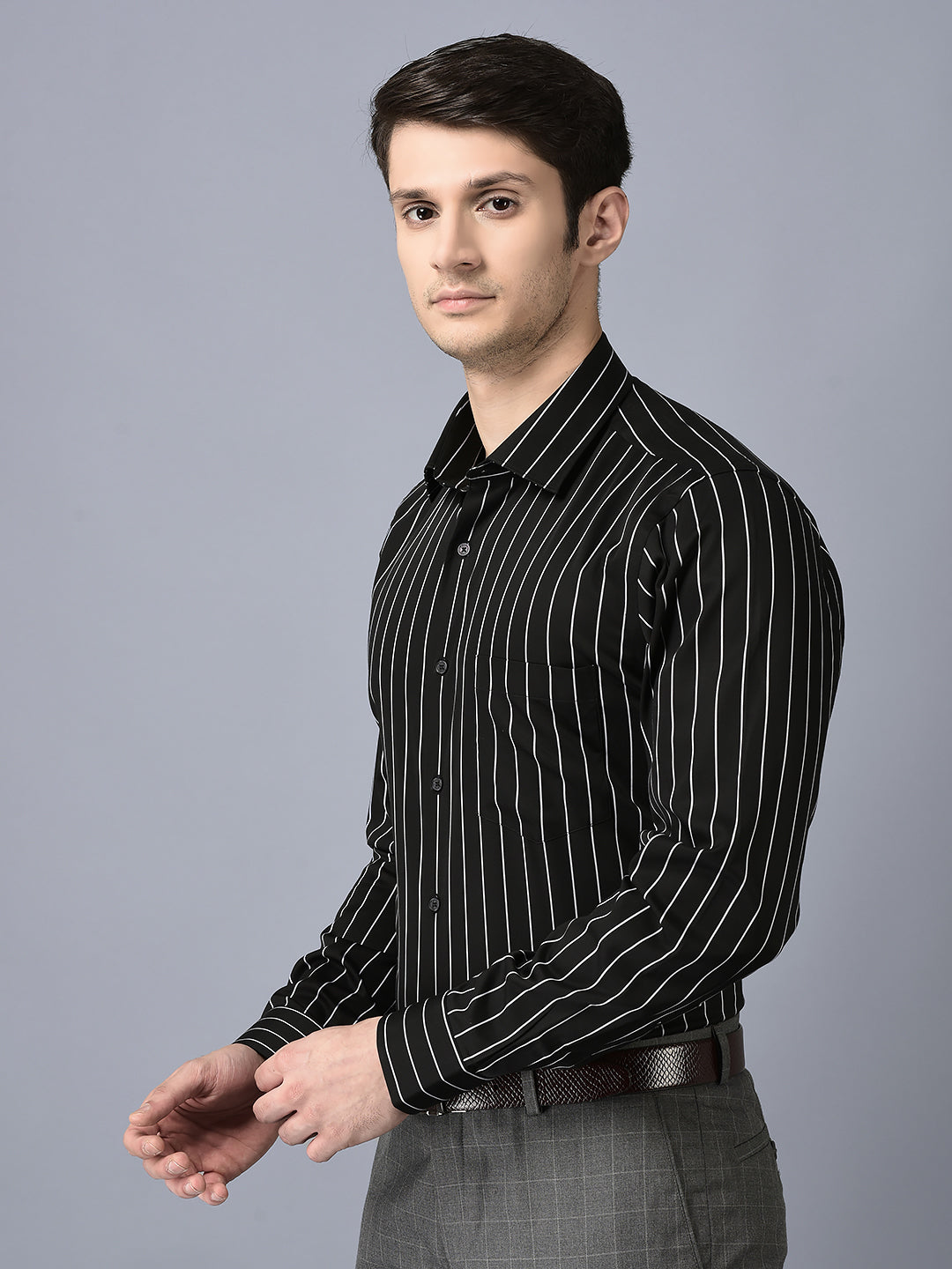 CANOE MEN Formal Shirt Black Color Cotton Fabric Button Closure Striped