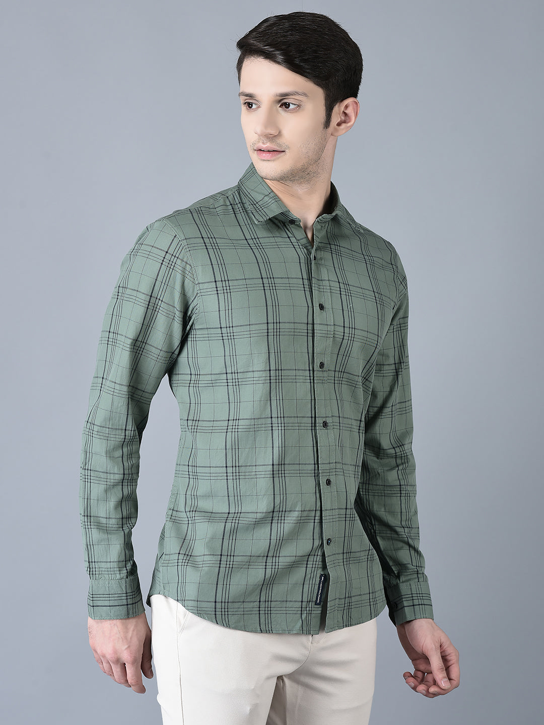 CANOE MEN Casual Shirt Green Color Cotton Fabric Button Closure Checked