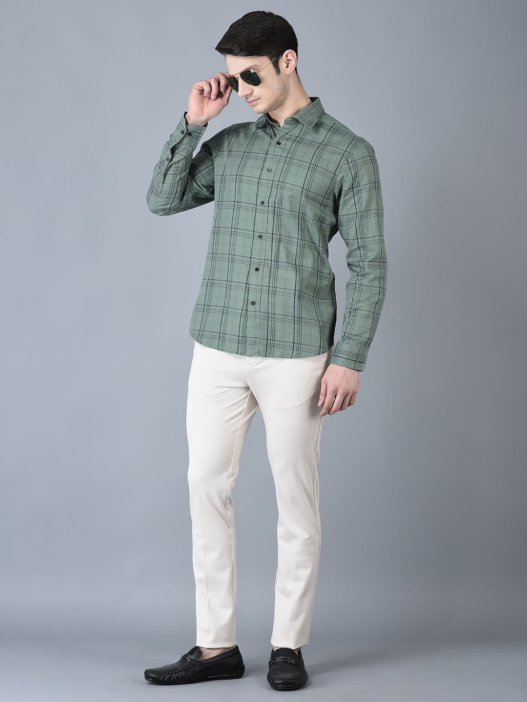 CANOE MEN Casual Shirt Green Color Cotton Fabric Button Closure Checked