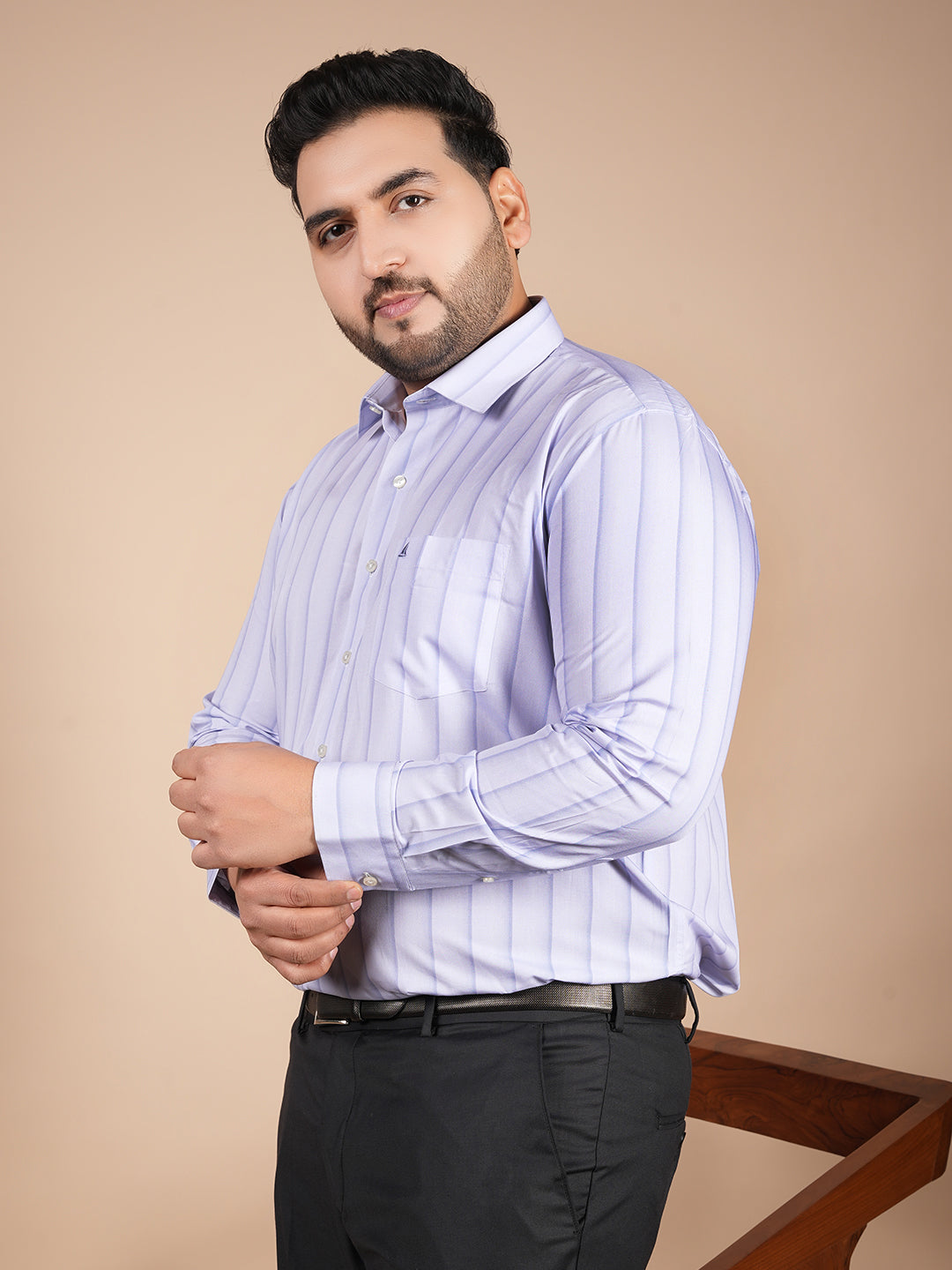 Men wearing premium bamboo silk formal shirt with soft striped design and tailored fit