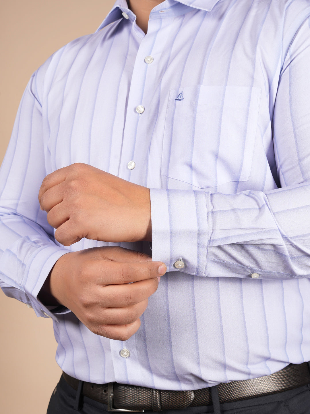 Men wearing premium bamboo silk formal shirt with soft striped design and tailored fit