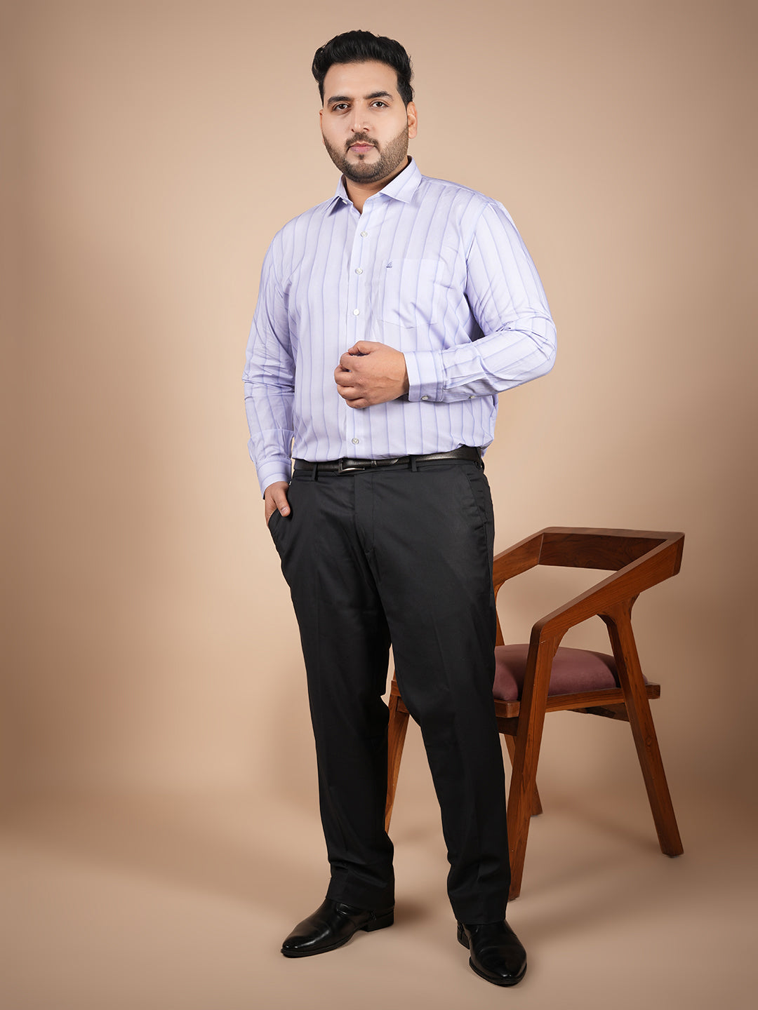 Men wearing premium bamboo silk formal shirt with soft striped design and tailored fit