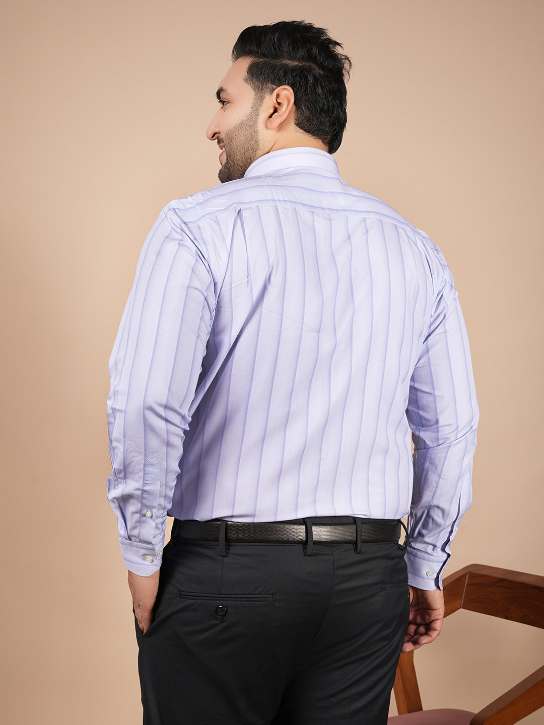 Men wearing premium bamboo silk formal shirt with soft striped design and tailored fit