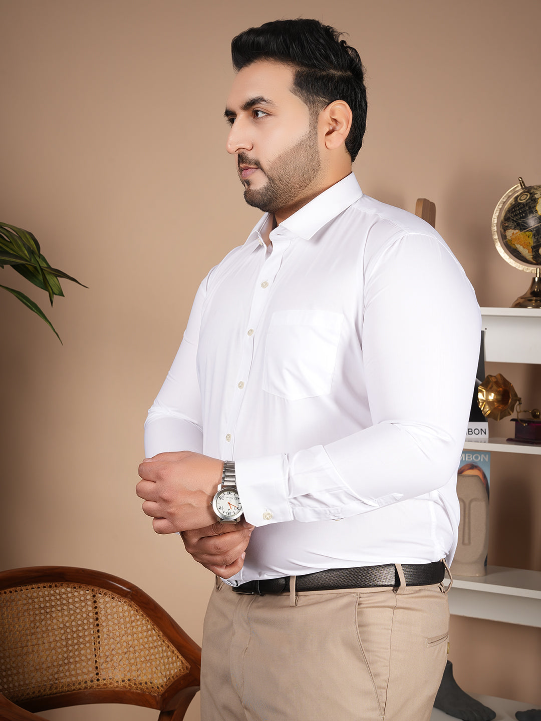 Canoe Premium White Cotton Linen Stretch Formal Shirt for Men | Classic Full Sleeve Office Wear