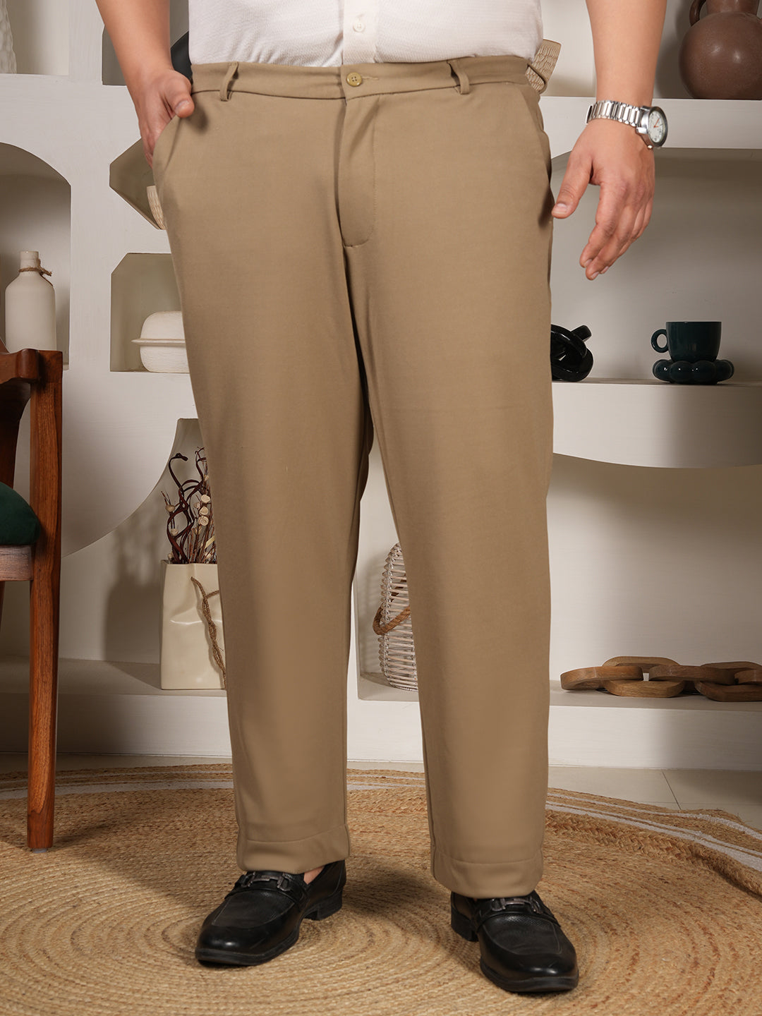 Men's Plus Size Beige Casual Trouser | Comfort Fit Smart Casual Pant