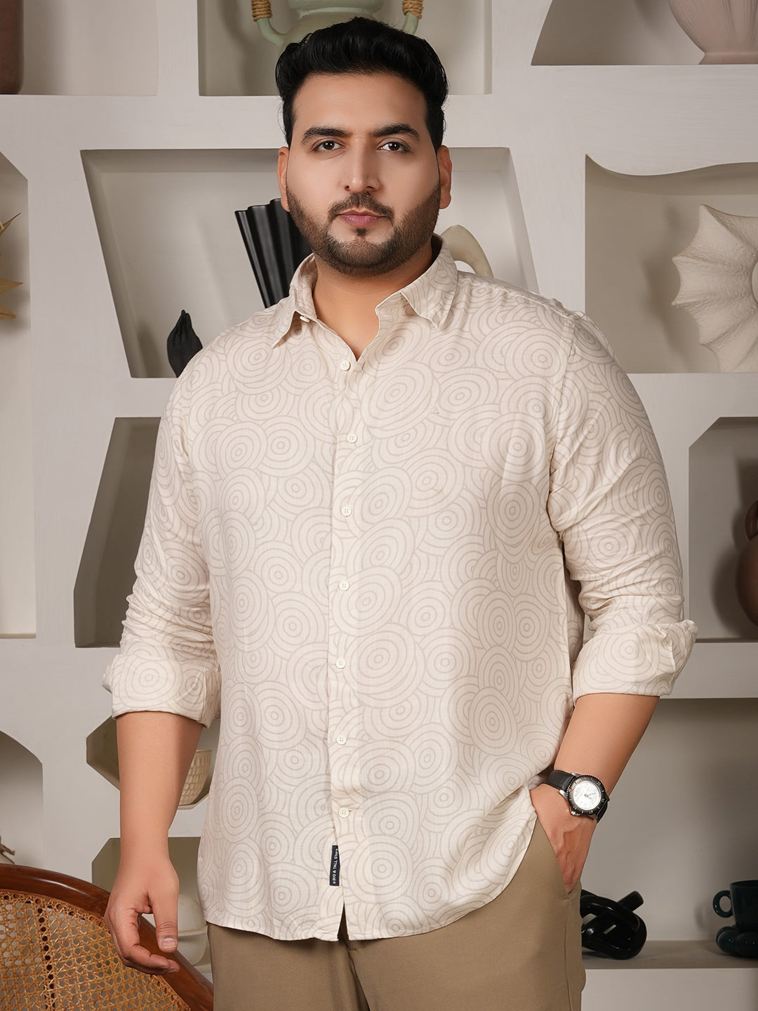 Men wearing off-white printed shirt made with 100 percent viscose fabric