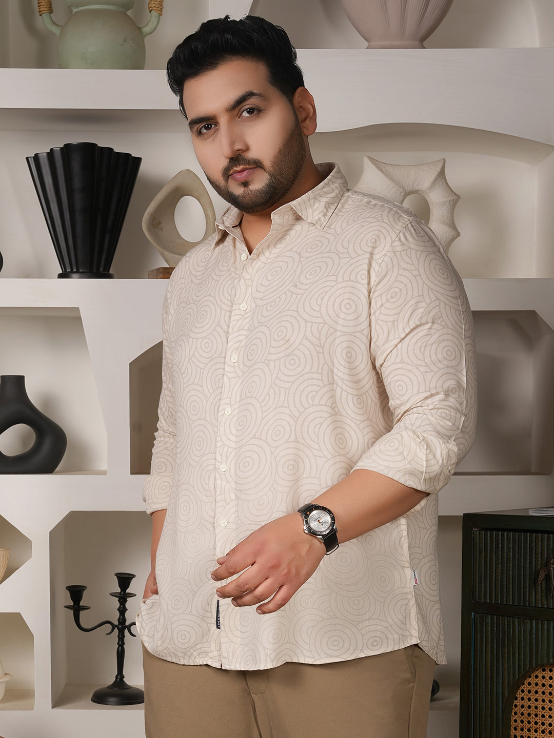 Men wearing off-white printed shirt made with 100 percent viscose fabric